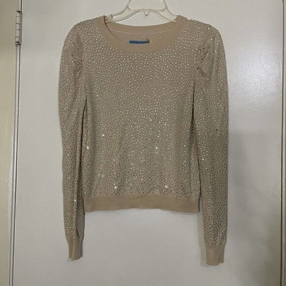 Alice + Olivia Cena tan rhinestone Crew Neck Pullover Sweater Size Small - Picture 1 of 11
